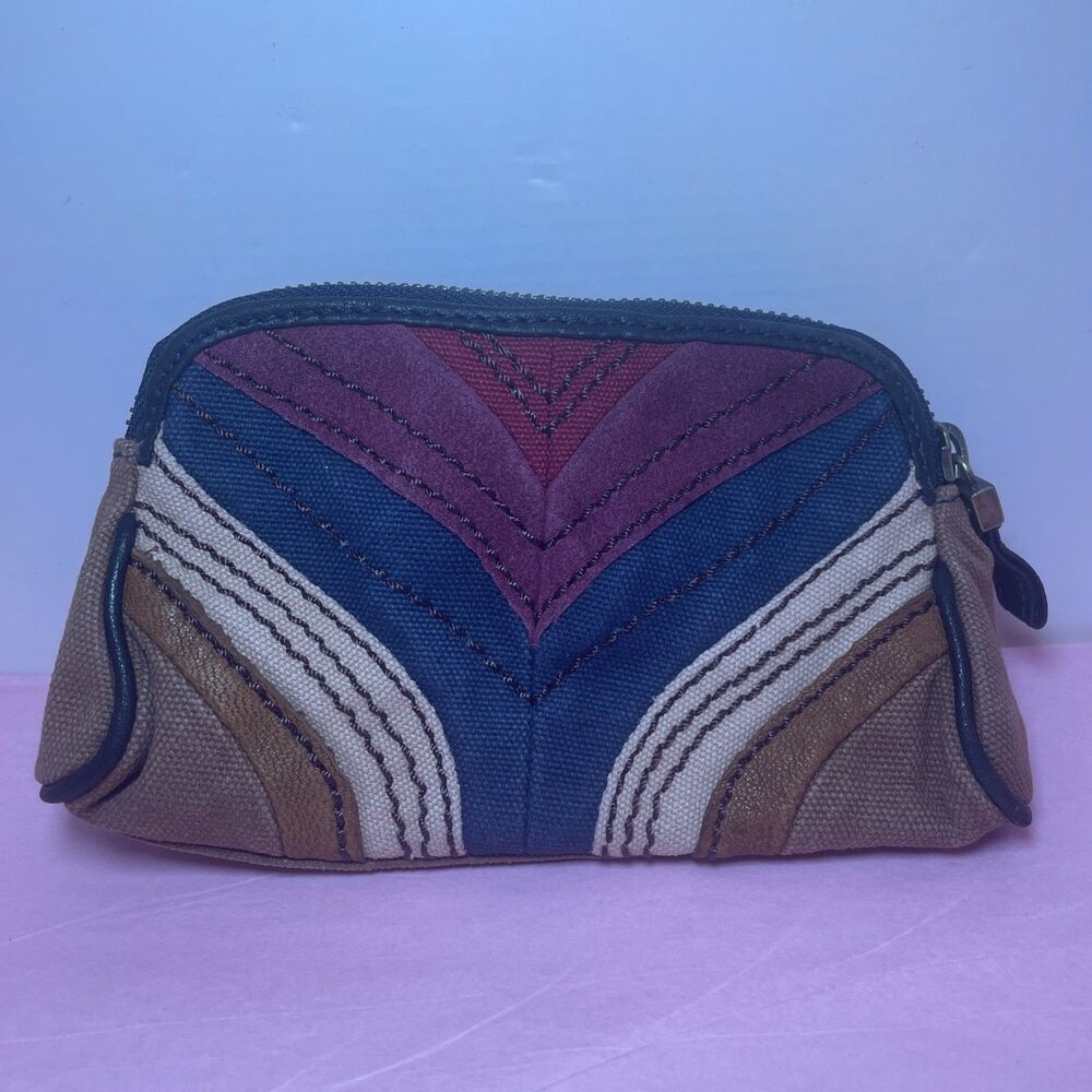 Fossil Multicolor Patchwork Canvas & Leather Cosmetic Makeup Bag Zipper Pouch